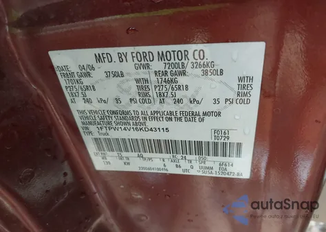 2006 Ford F-150 Fx4/Lariat/Xlt from USA, damaged, VIN 1FTPW14V16KD43115